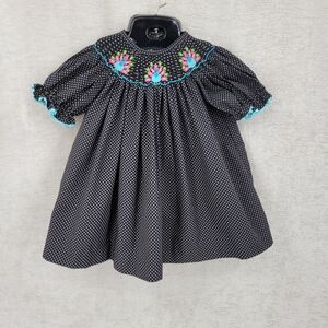 Stellybelly Turkey Thanksgiving Smocked Black Polka Dot Ricrac Trim Girls' Top